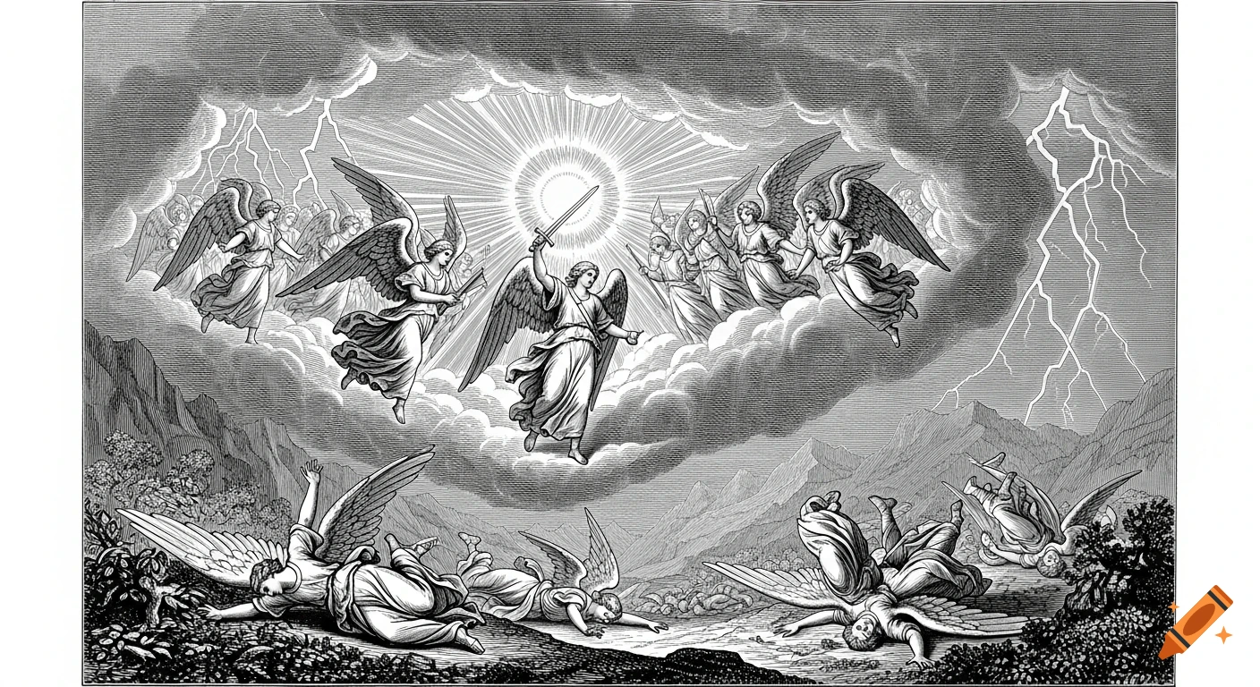 Black and white engraving of an archangel with a sword leading angels in a stormy sky, while fallen angels tumble onto a mountainous landscape.