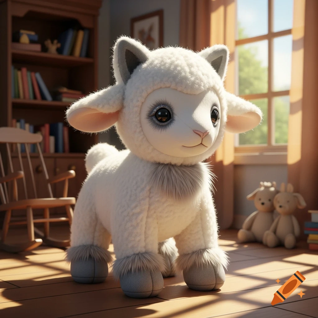 A fluffy white lamb plush toy stands on a sunny wooden floor, with a bookshelf and window in the background.
