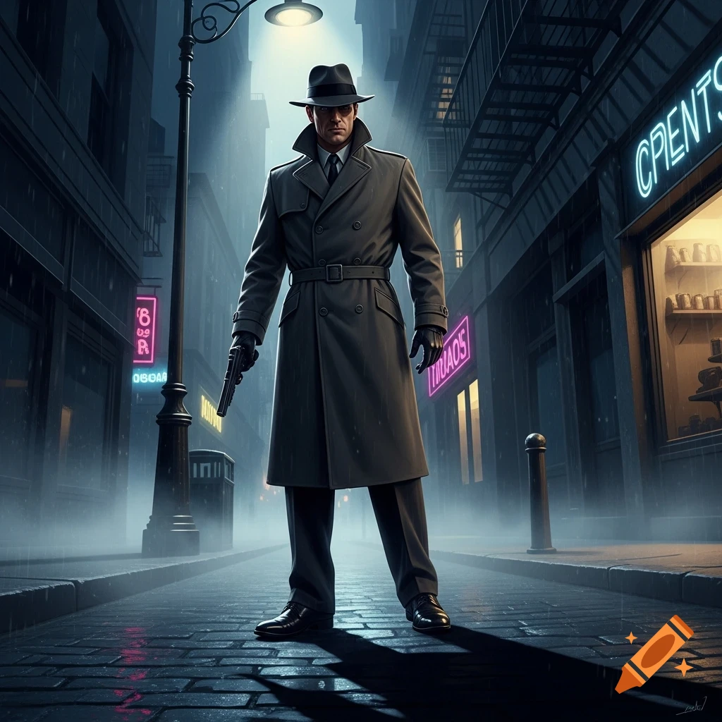 A man dressed as a detective in a trench coat and fedora stands with a pistol in a dark, rainy city street at night, with neon signs.