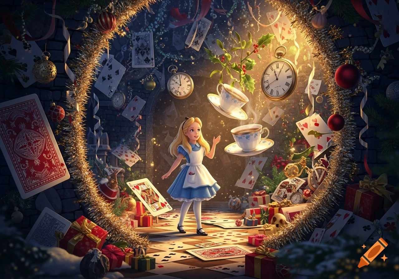 Alice in Wonderland surrounded by a glowing, tinsel-framed portal, floating teacups, antique clocks, scattered playing cards, and Christmas gifts in a whimsical, fantastical setting.