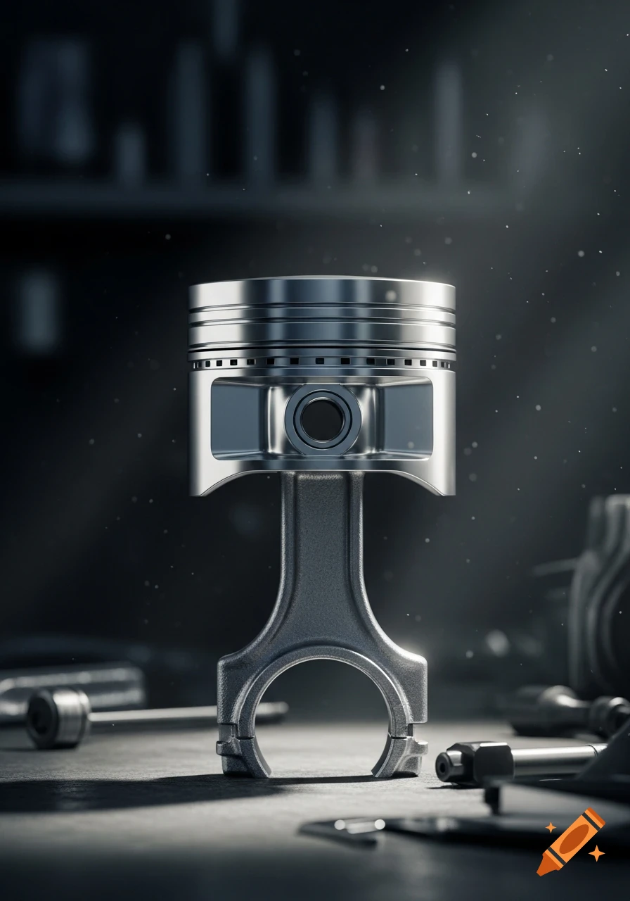 Close-up photorealistic render of a shiny engine piston and connecting rod on a dark workbench with blurred tools.