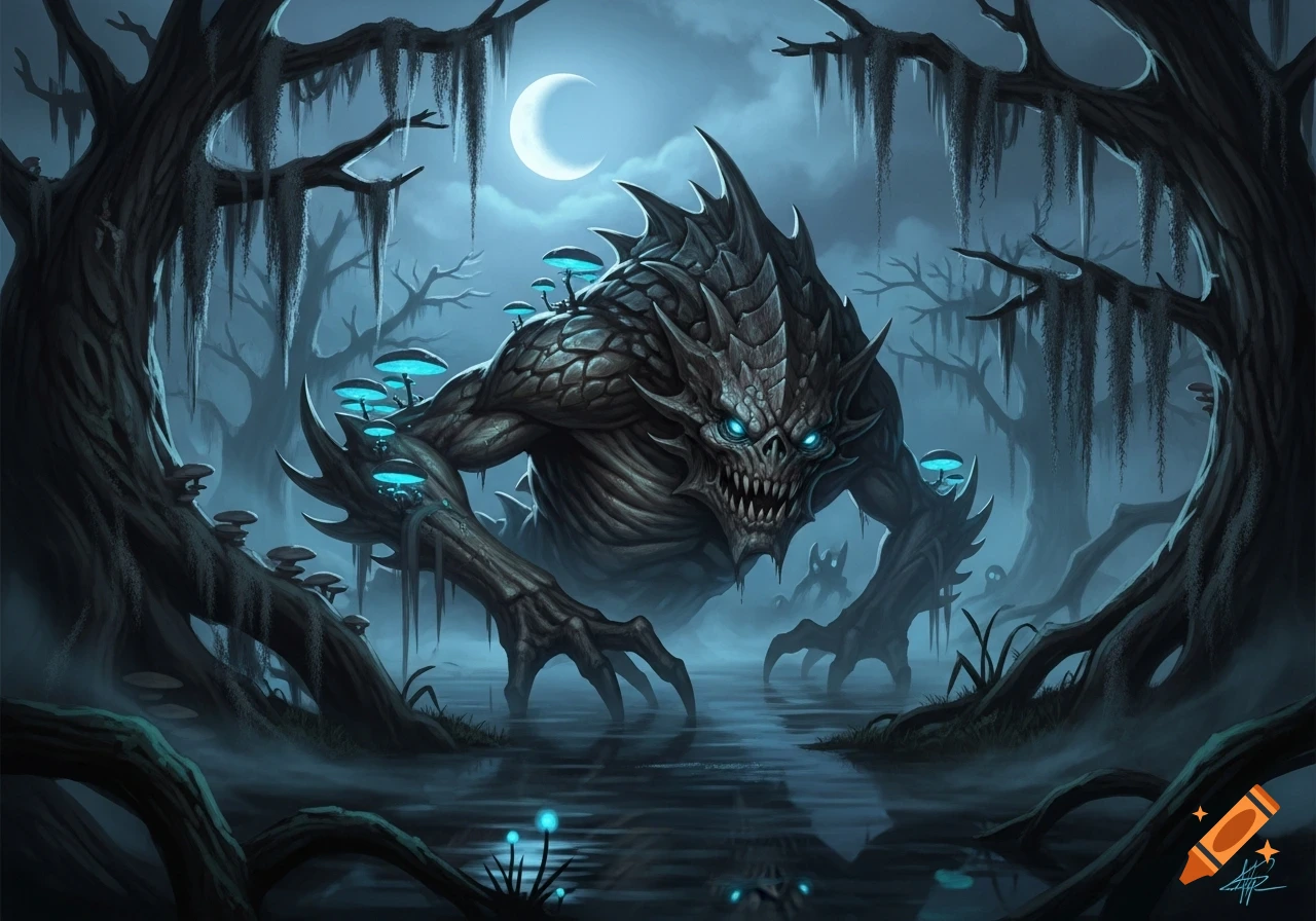 A monstrous gray creature with glowing blue eyes and bioluminescent mushrooms stalks through a dark, misty swamp under a crescent moon.