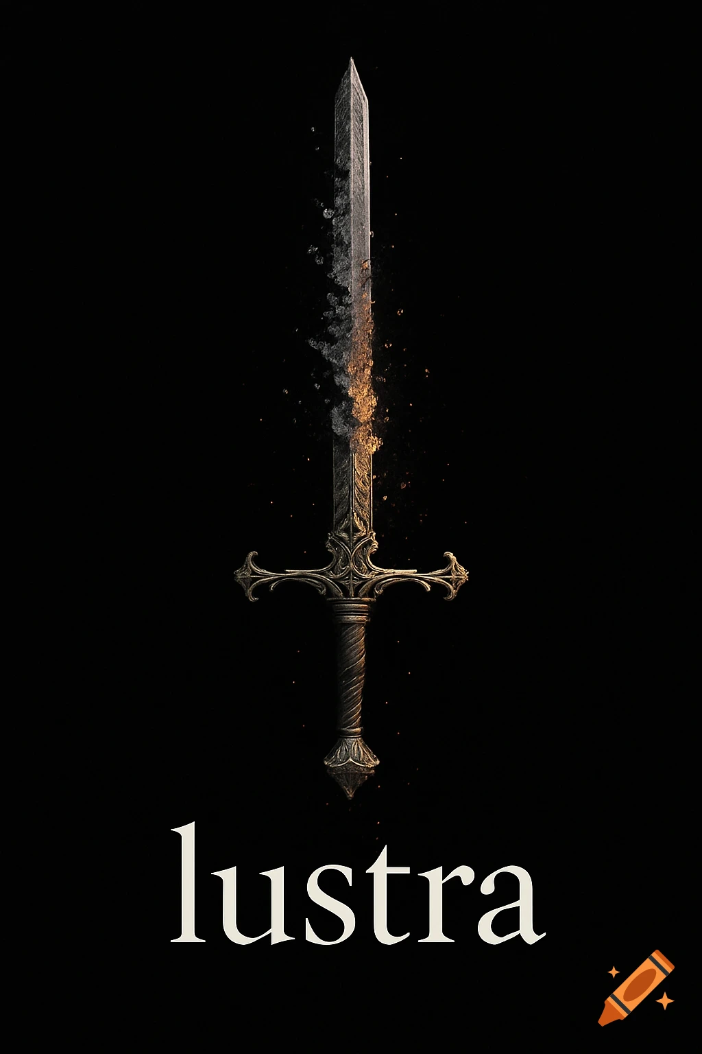 A detailed sword with an ornate hilt disintegrates into glowing particles and ash on a stark black background, with the word "lustra" below.