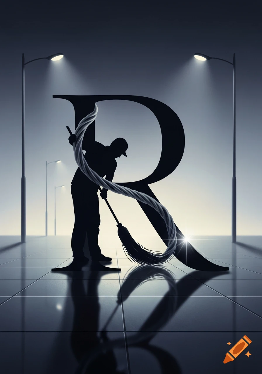 A silhouette illustration of a person sweeping a tiled floor next to a large black capital letter R, under dim streetlights.