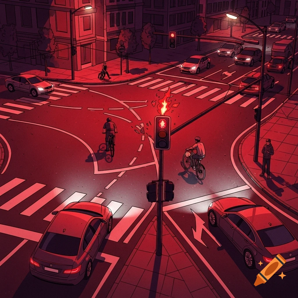 Stylized illustration of a city intersection at night, bathed in red light, with cars, cyclists, pedestrians, and a burning traffic signal.