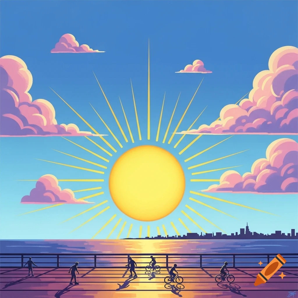 A vibrant stylized landscape depicting a large yellow sun with rays over a body of water, a city skyline, and silhouetted people on a pier.