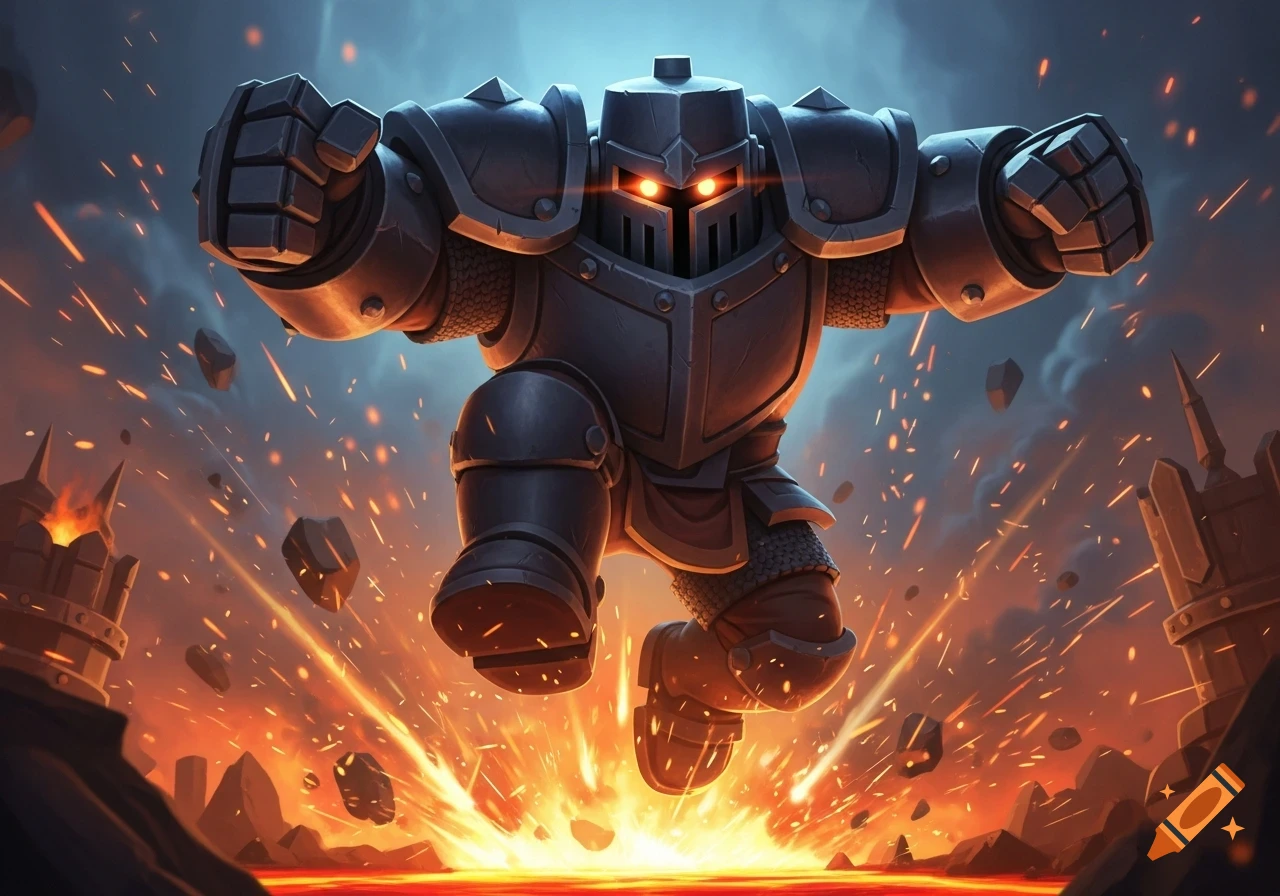 A powerful Mega Knight in dark armor with glowing red eyes, fists raised, jumps over a lava pit amidst explosions.