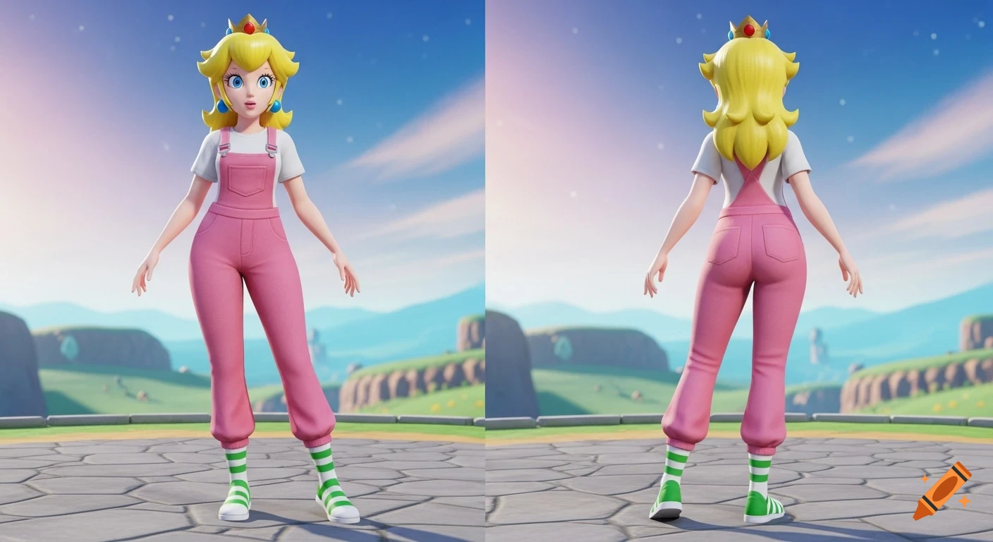 Princess Peach in a white t-shirt and pink overalls with green striped socks, shown in front and back 3D game-style views against a mountain landscape.