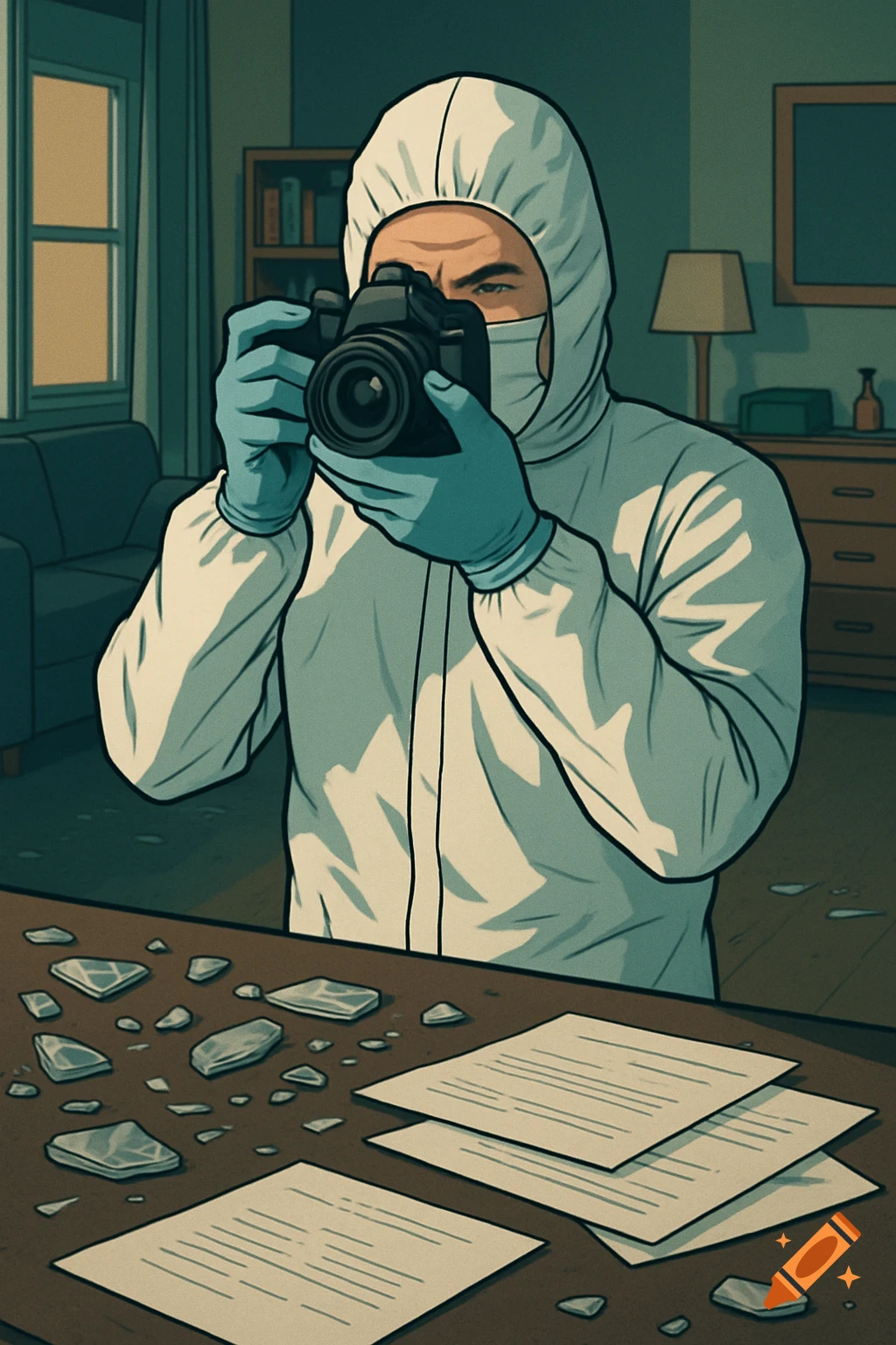 A graphic novel style illustration of a photographer in a white coverall and blue gloves, taking pictures of papers and glass shards on a table in a dim apartment.