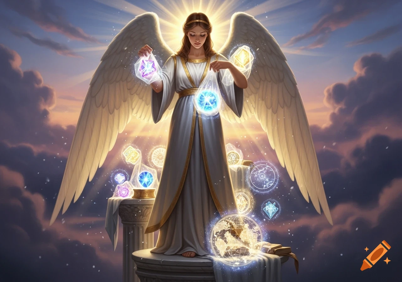 A majestic angel with large wings stands on a cloud-covered pedestal, holding and surrounded by glowing magical artifacts and a glowing globe, under a bright sky.
