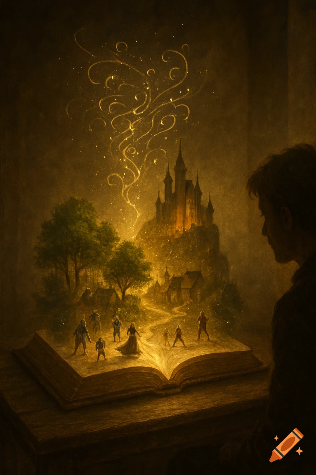 A person looks at an open book with a glowing, mystical scene emerging: a castle, village, and figures, in a golden, painterly style.
