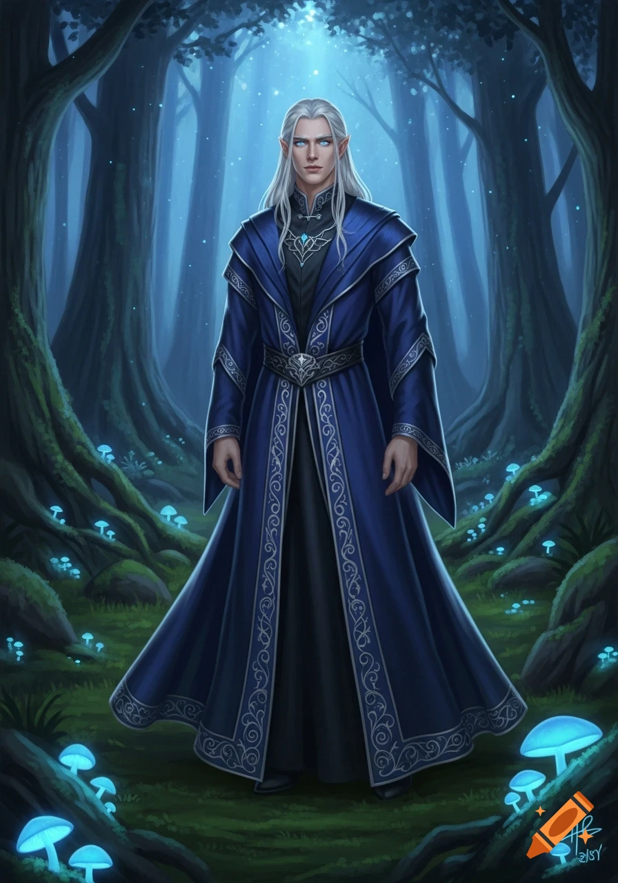 A young male elf with long white hair and blue eyes stands in a dark, mystical forest with glowing blue mushrooms, wearing a blue robe.