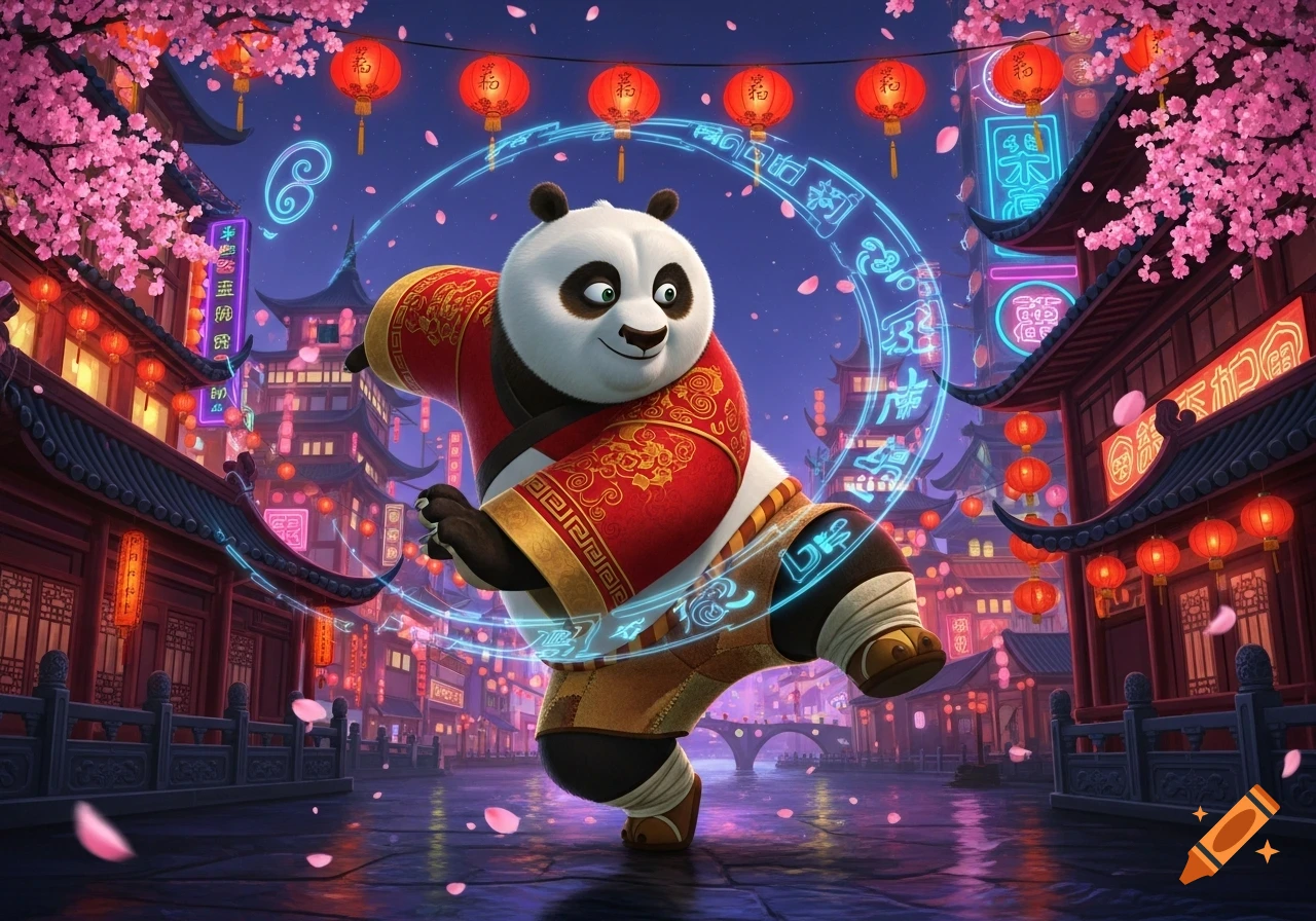 Po from Kung Fu Panda in a red outfit, standing in a dynamic pose within a glowing blue ring, surrounded by a neon-lit Chinese city at night with cherry blossoms and red lanterns.