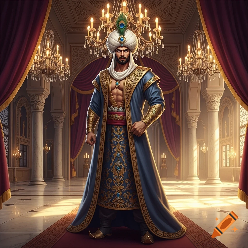 A sultan in an ornate blue and gold robe with a tall white turban and peacock feather stands confidently in a lavish palace with chandeliers.