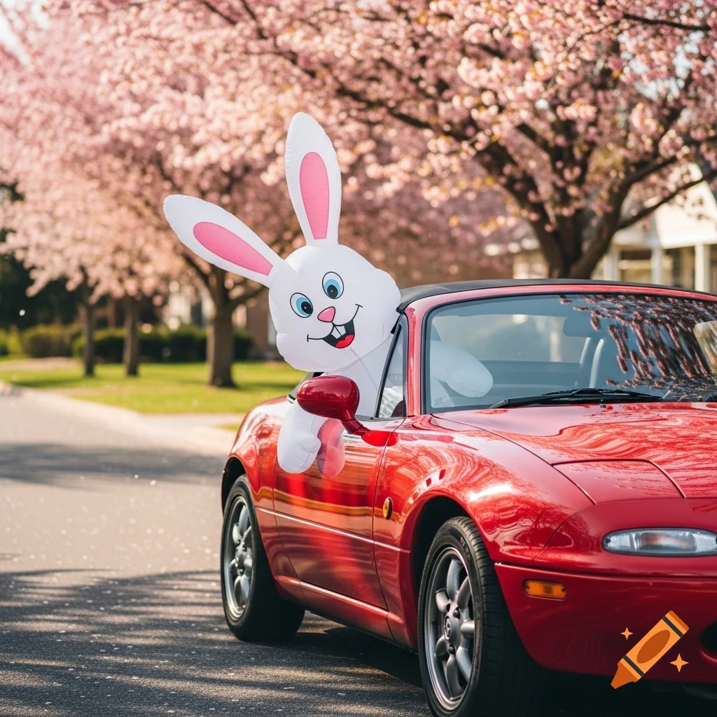 Inflatable Easter bunny waves from a red convertible Miata car under blooming cherry blossom trees on a sunny spring day.