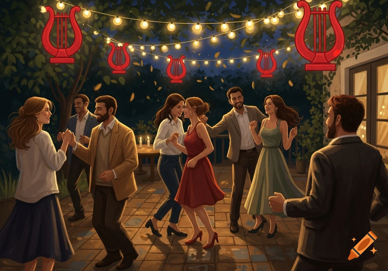 Friends dancing at an outdoor evening party with string lights and red lyre decorations in an illustrated style.