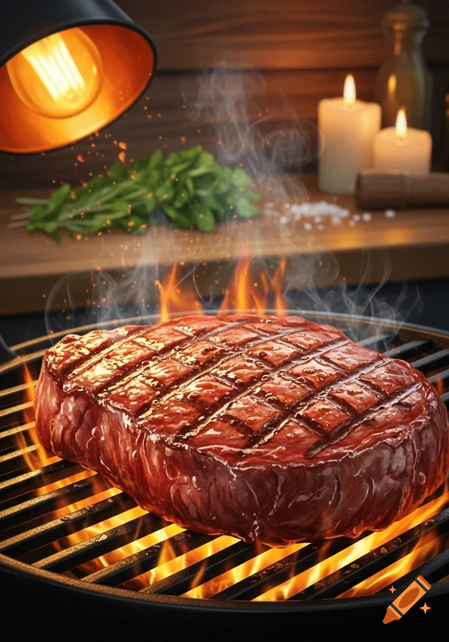 A thick, juicy steak with perfect grill marks cooks over open flames, with smoke rising and herbs in the blurred background. Photorealistic style.
