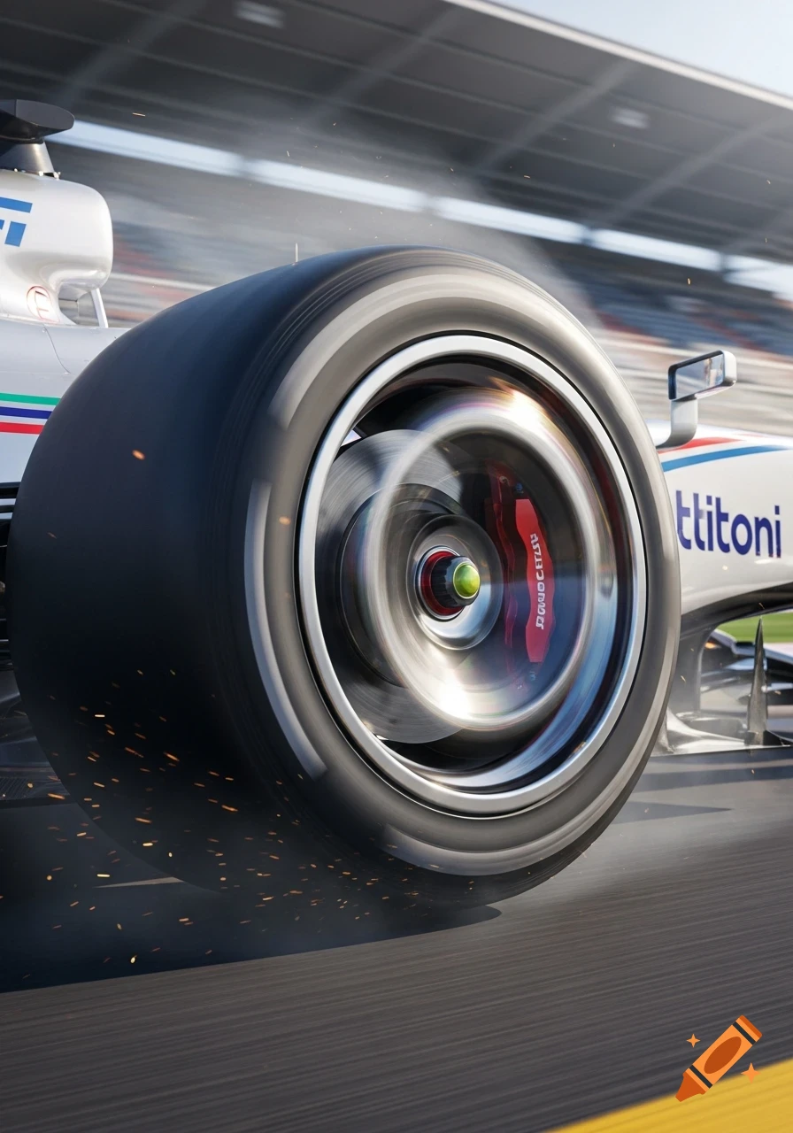 Close-up of a white Formula 1 car's front wheel with motion blur, sparks, and red brake caliper on a racetrack, photorealistic style.