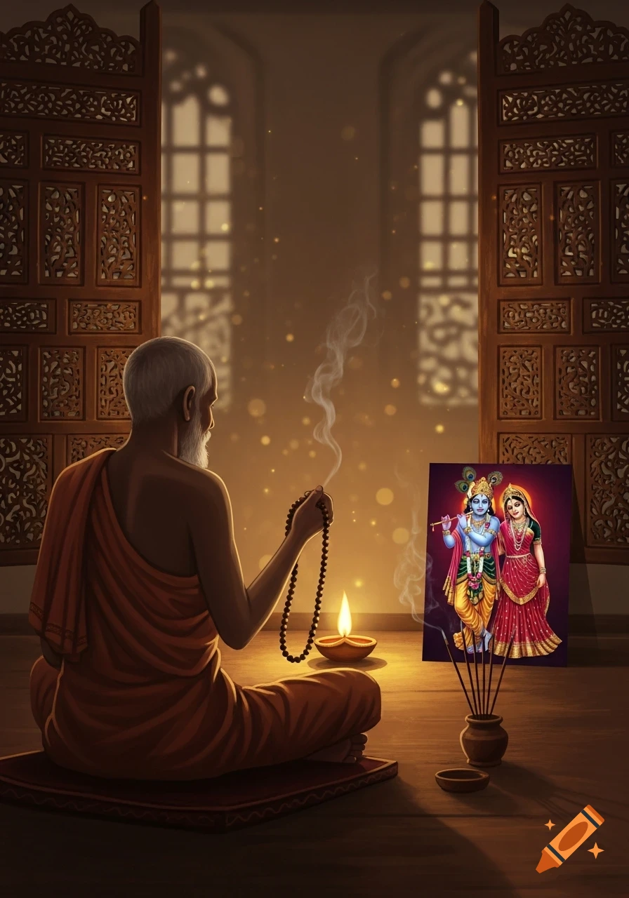 A bald saint with a white beard sits cross-legged, holding prayer beads, in front of a lit diya and an image of Radha Krishna.