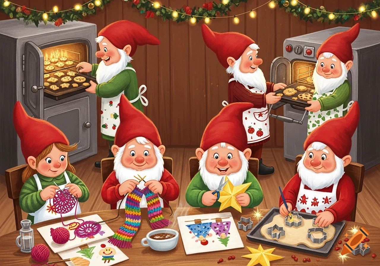 Seven gnomes in red hats and aprons baking cookies and crafting in a festive, painted kitchen illustration.