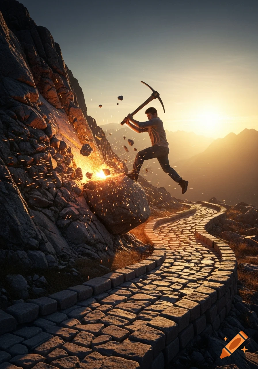 A man strikes a large rock with a pickaxe at sunset, sparks flying. A stone path leads to the rock in a mountain landscape. Photorealistic.