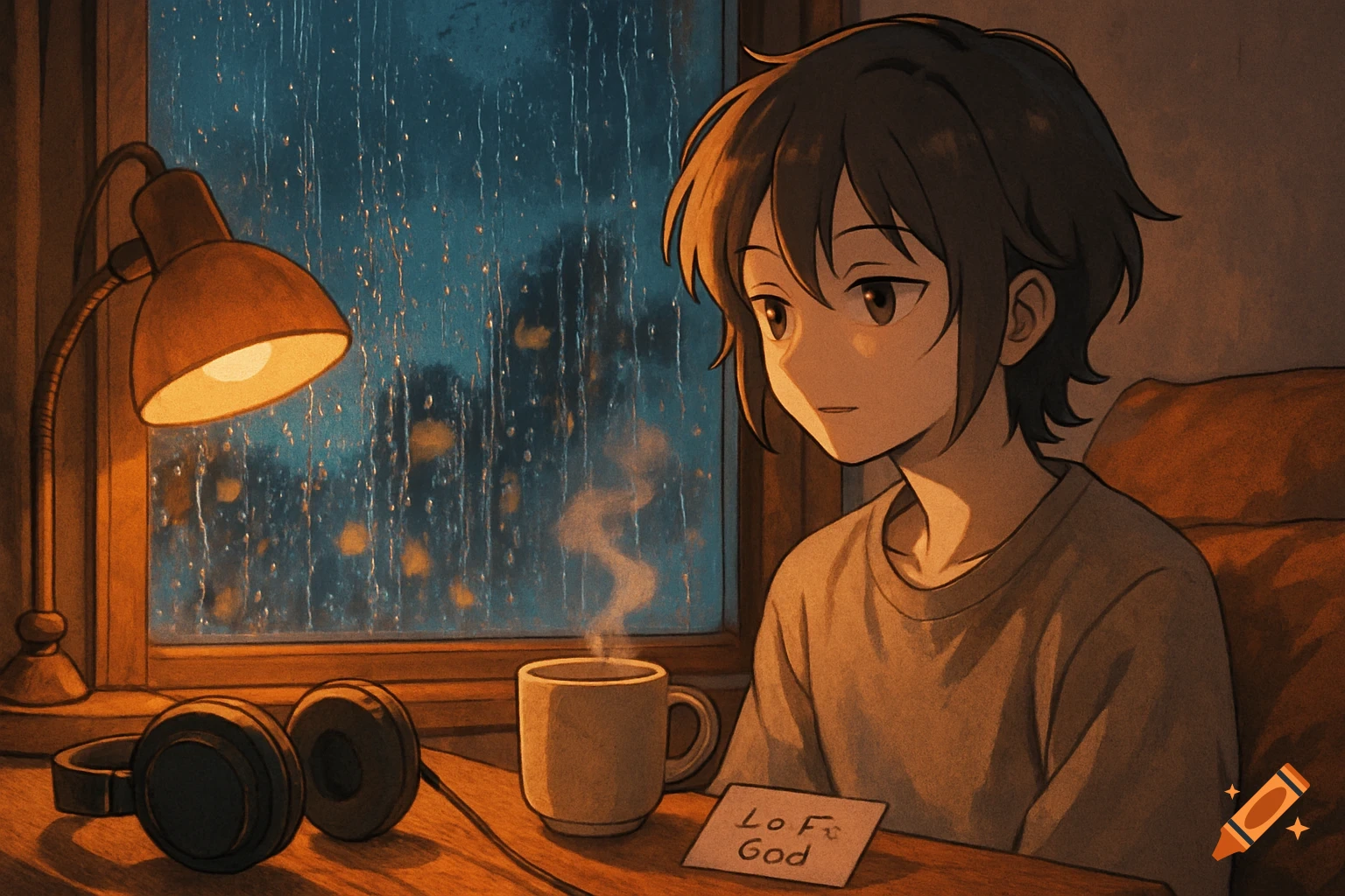 Anime character sits by a window on a rainy night, with a desk lamp, headphones, and steaming cup of tea on the desk.