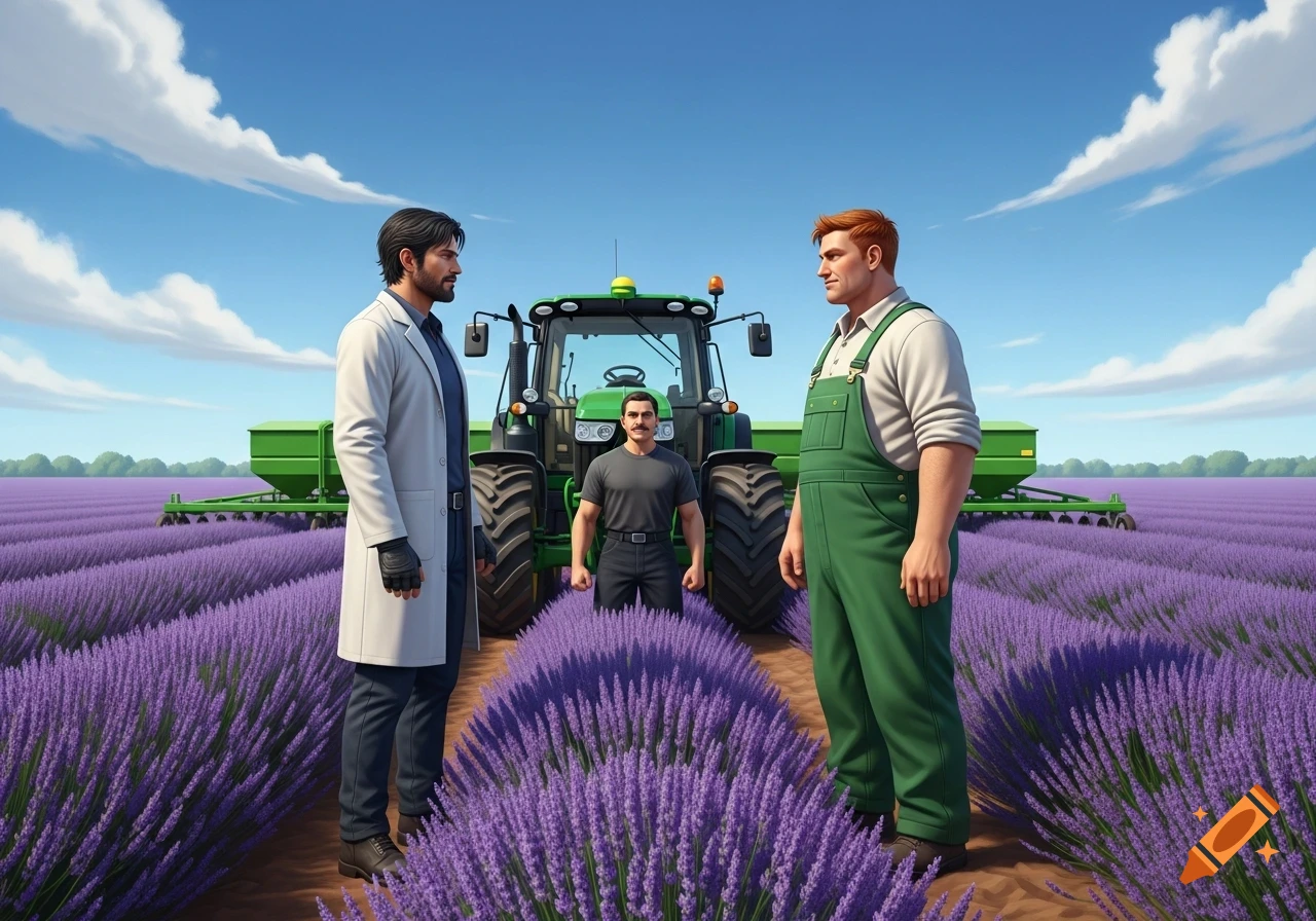 A scientist in a lab coat and a farmer in green overalls stand facing each other in a lavender field, with a third man and a green tractor behind them.