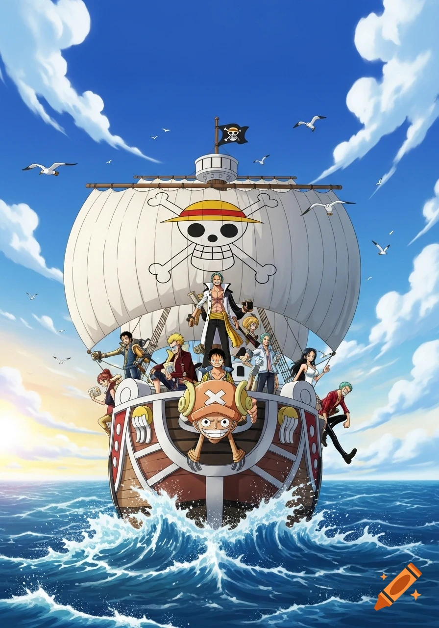 The Straw Hat Pirates from One Piece on their ship, the Thousand Sunny, sailing on a blue ocean.