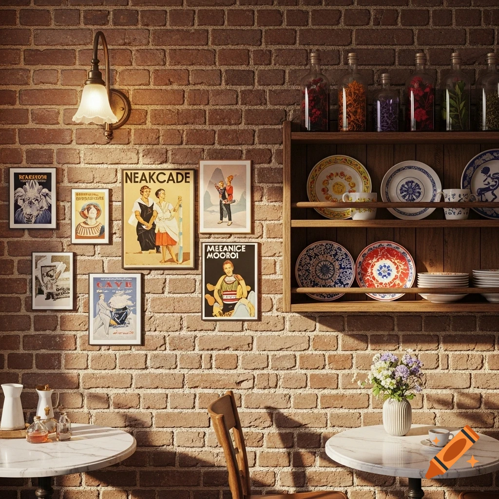 A cozy cafe wall with a warm lamp, various framed posters, and wooden shelves displaying patterned plates and glass bottles, with marble-top tables.