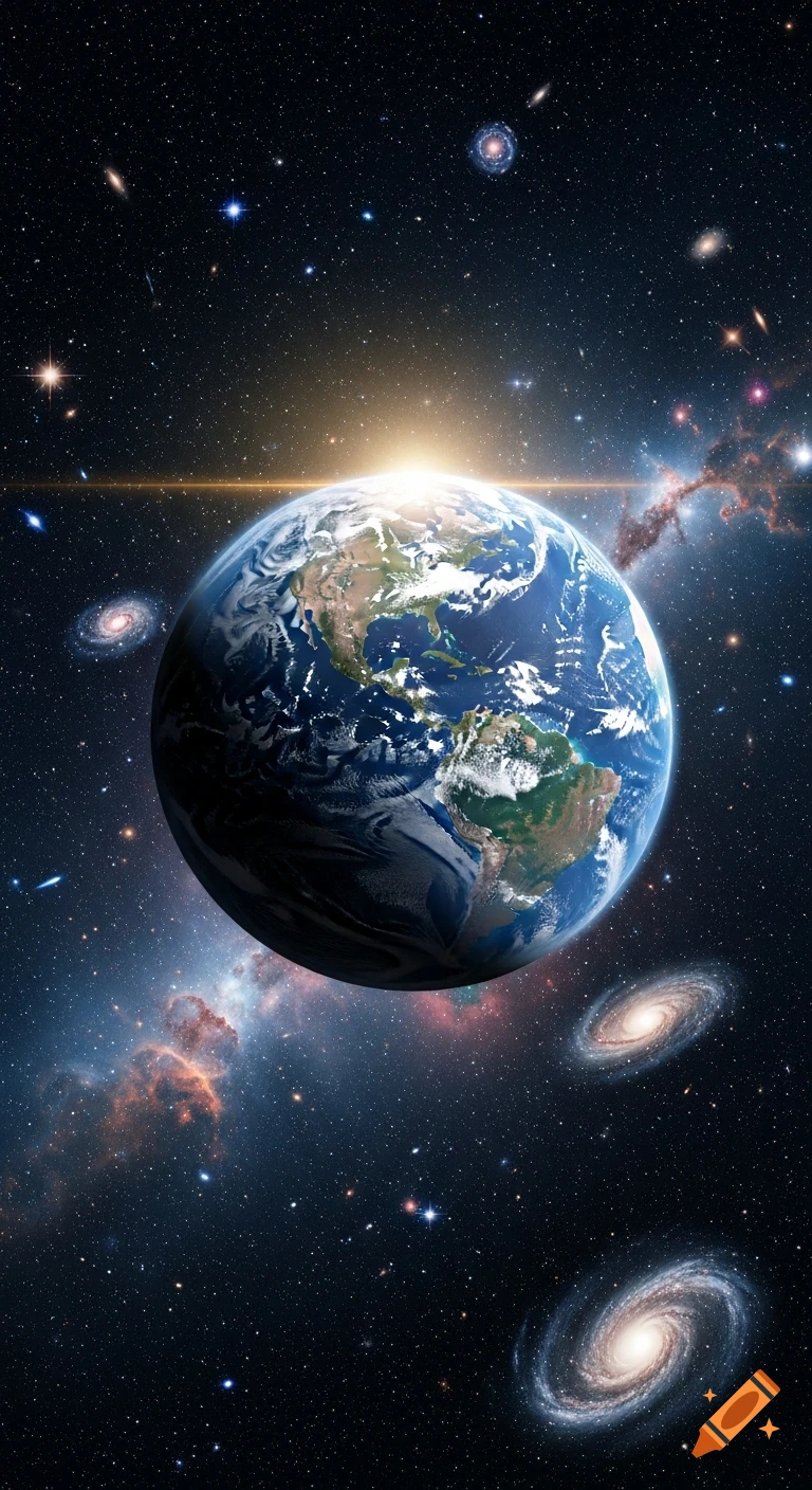 Ultra-realistic cinematic view of Earth from deep space with sun's rim light, surrounded by stunning stars, colorful nebulae, and distant galaxies.