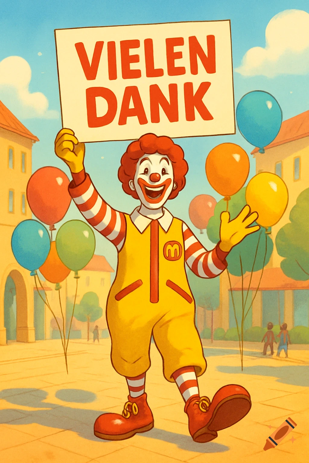A happy Ronald McDonald in his classic outfit stands in a sunny square, holding a sign that says 'Vielen Dank' (Thank You). Balloons are in the background. Cartoon style.