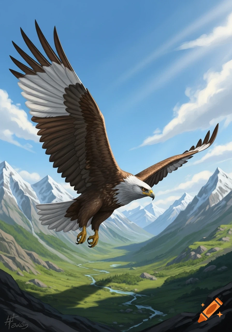 An eagle with outstretched wings soars over a green valley with a winding river, flanked by snow-capped mountains under a blue sky.