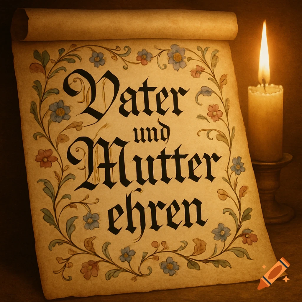 A vintage scroll with ornate German calligraphy "Vater und Mutter ehren" and a floral border, illuminated by a glowing candle.