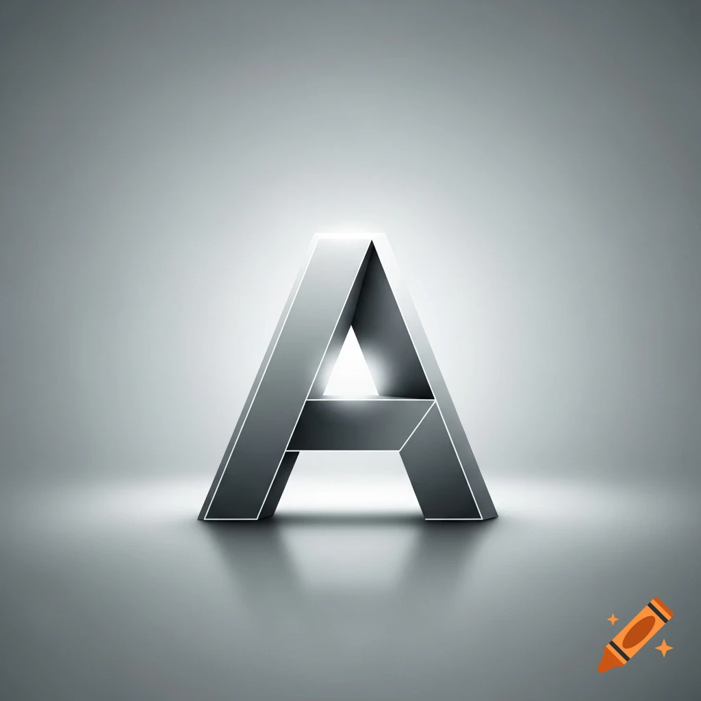 A sleek, metallic 3D letter A rendered with soft lighting and reflections on a gray surface.