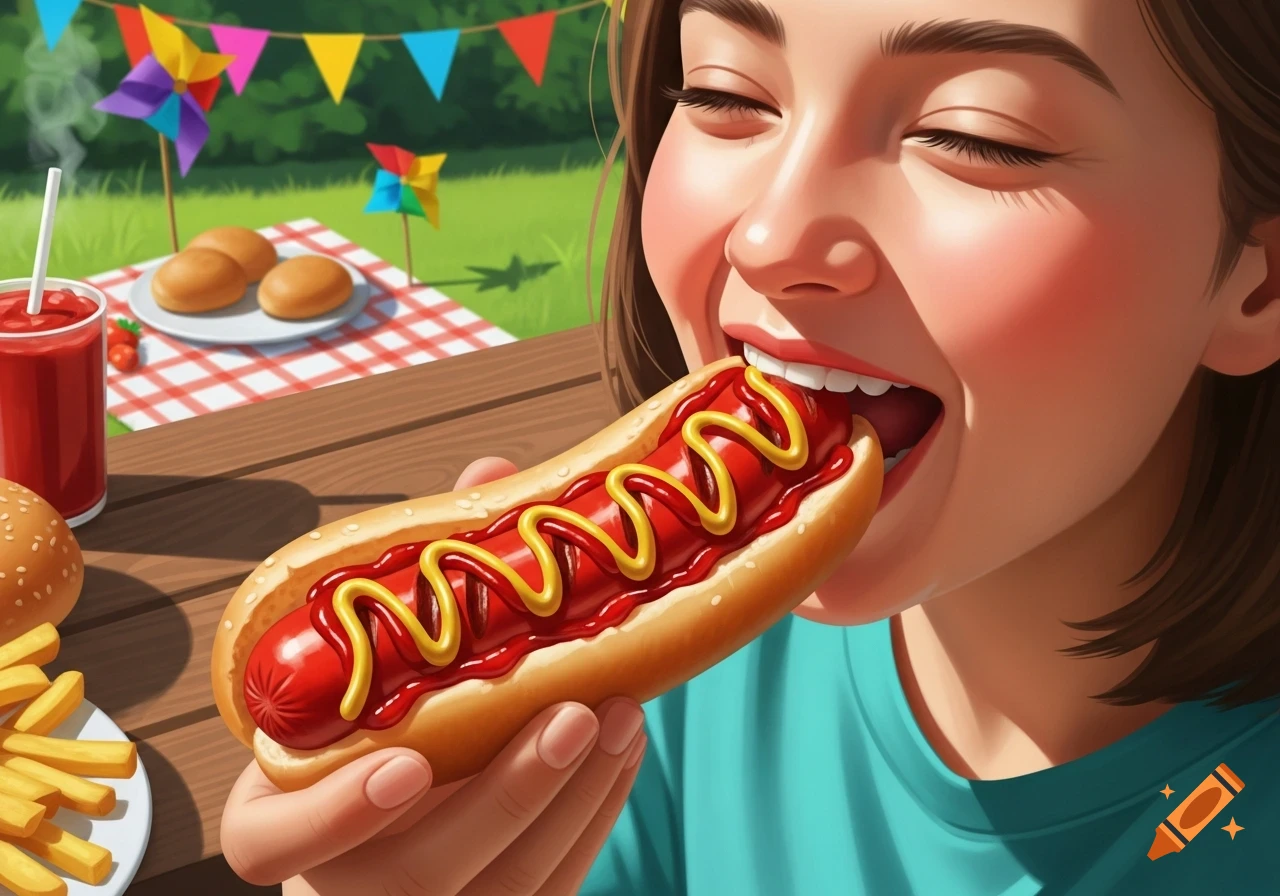 Illustration of a person happily biting into a hot dog with ketchup and mustard at an outdoor picnic.