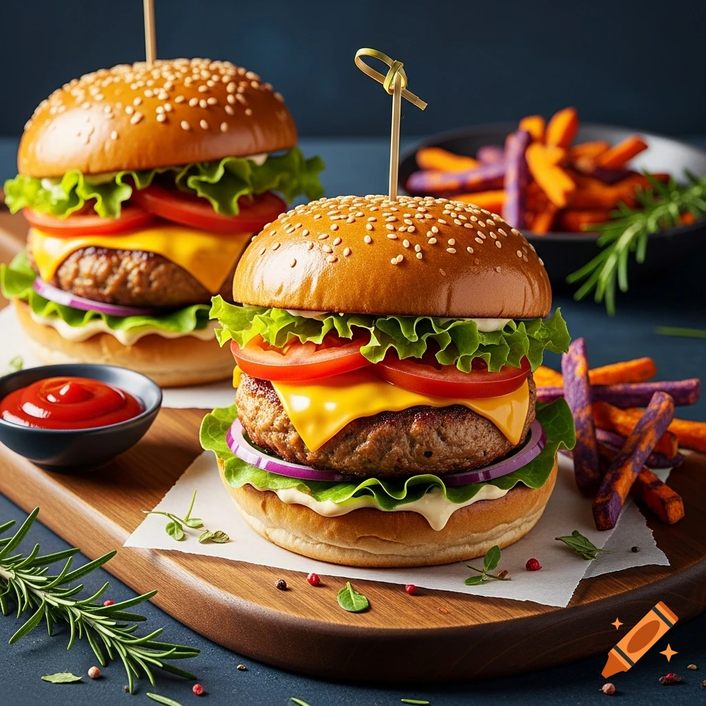Two photorealistic cheeseburgers with lettuce, tomato, onion, and a side of sweet potato fries and ketchup on a wooden board.