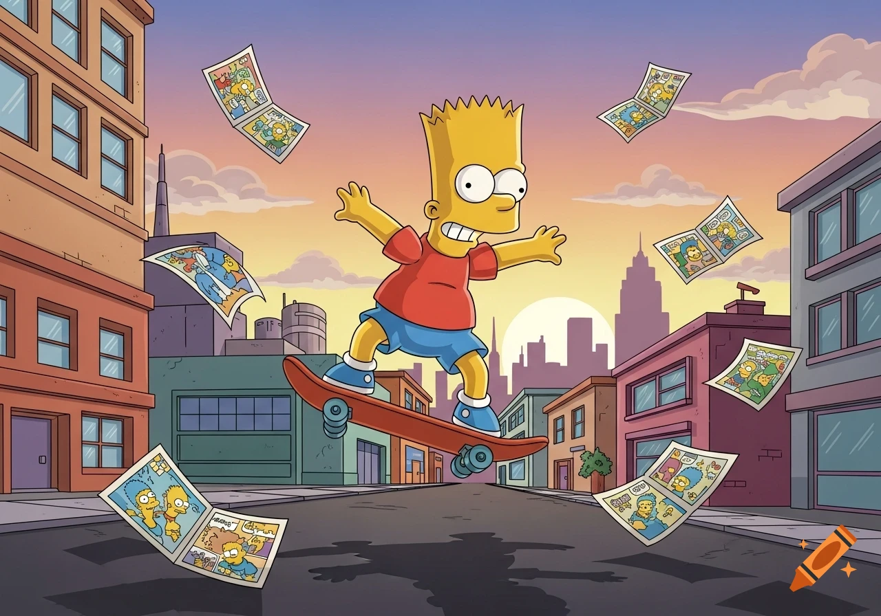Cartoon illustration of Bart Simpson skateboarding in a city street at sunset, with comic book pages flying around him.