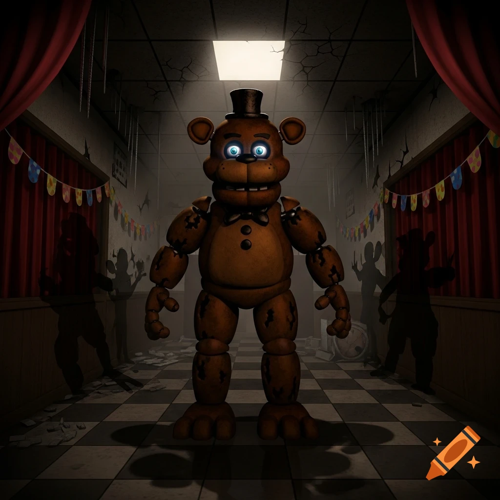 Freddy Fazbear stands in a dark, dilapidated hallway with a checkerboard floor and party banners, lit by an overhead light.