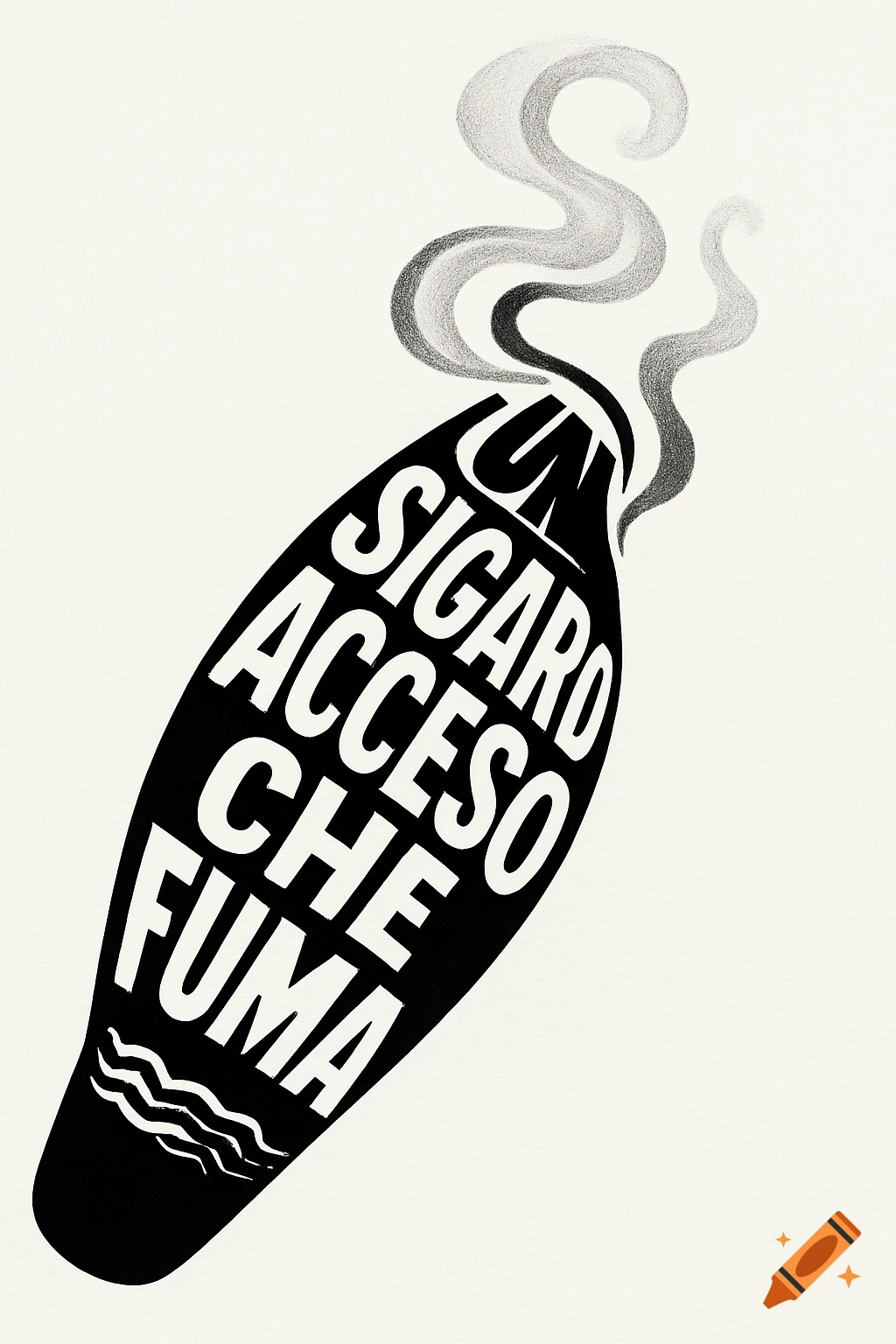 Black and white graphic of a smoking cigar, with the text 'UN SIGARO ACCESO CHE FUMA' forming its body.