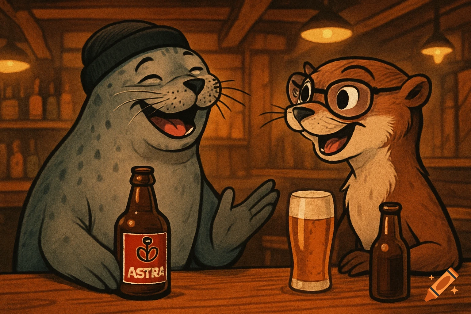 Cartoon of a smiling seal in a beanie and an otter in glasses, both holding beers, talking at a wooden bar.