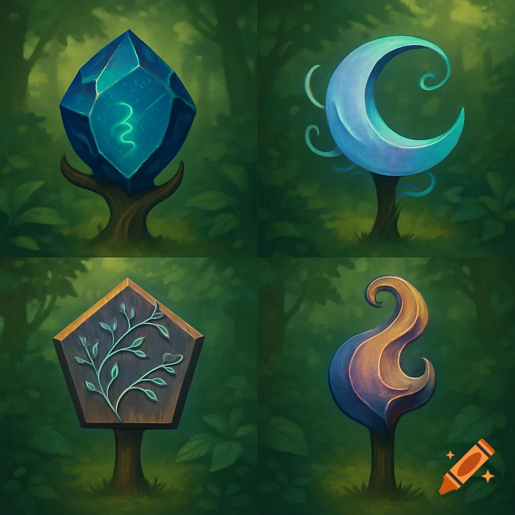 Four magical abstract signposts in a forest, including a blue crystal ...