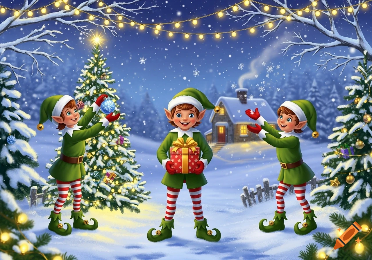 Three smiling Christmas elves in green and red outfits decorate a snowy Christmas tree and play in a festive winter wonderland.