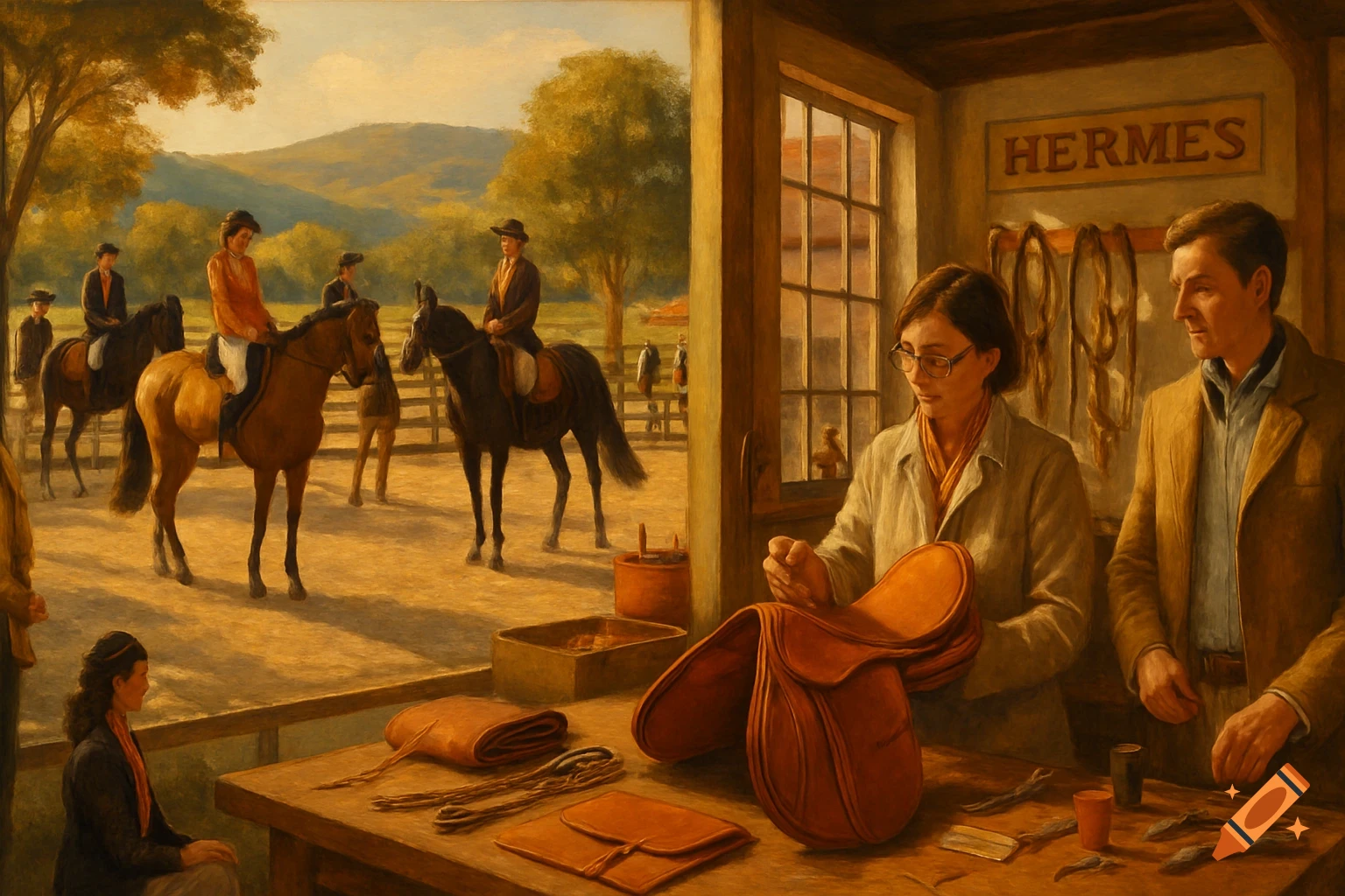 Oil painting of people riding horses outdoors and artisans examining leather saddles in an indoor workshop with a 'HERMES' sign.