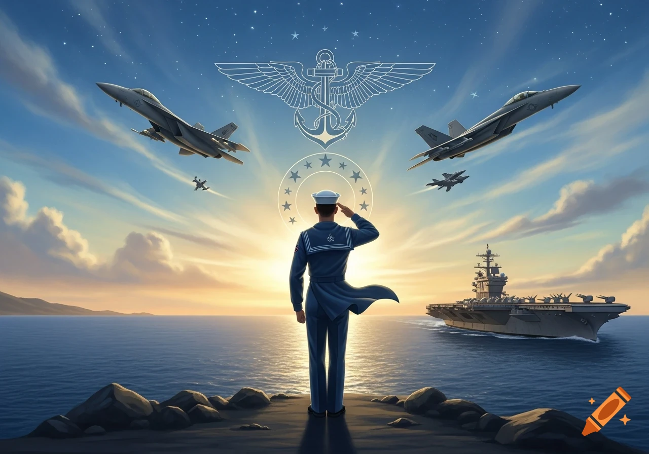 A sailor salutes a sunset over the ocean with military jets flying overhead and an aircraft carrier in the distance. A winged anchor symbol is in the sky.