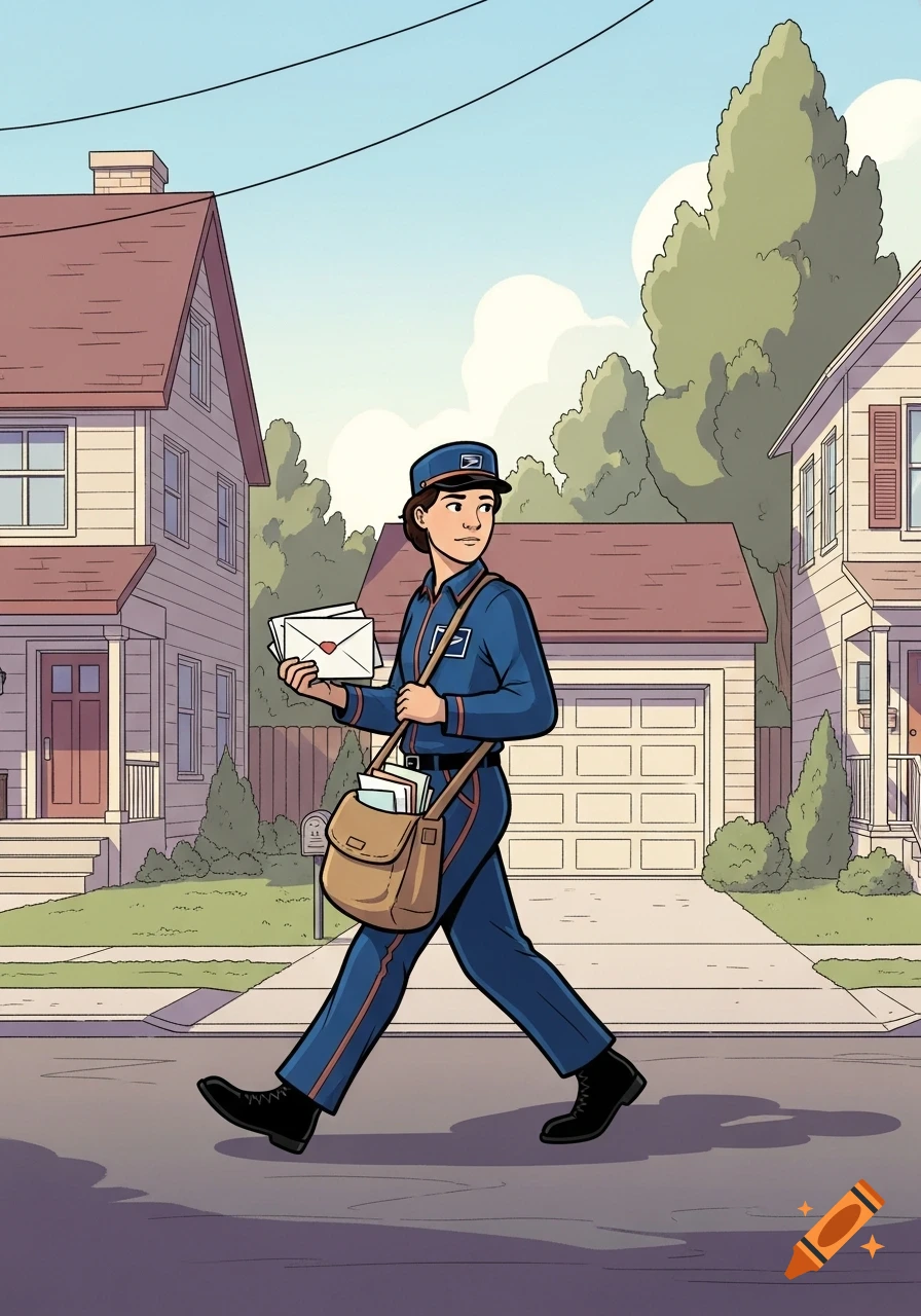 A cartoon mail carrier walks down a suburban street, holding letters and carrying a mailbag, in a graphic novel style.