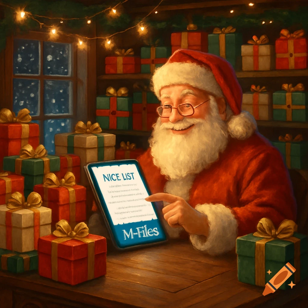 Santa Claus smiling and pointing at a tablet displaying "NICE LIST" and "M-Files", surrounded by Christmas presents.