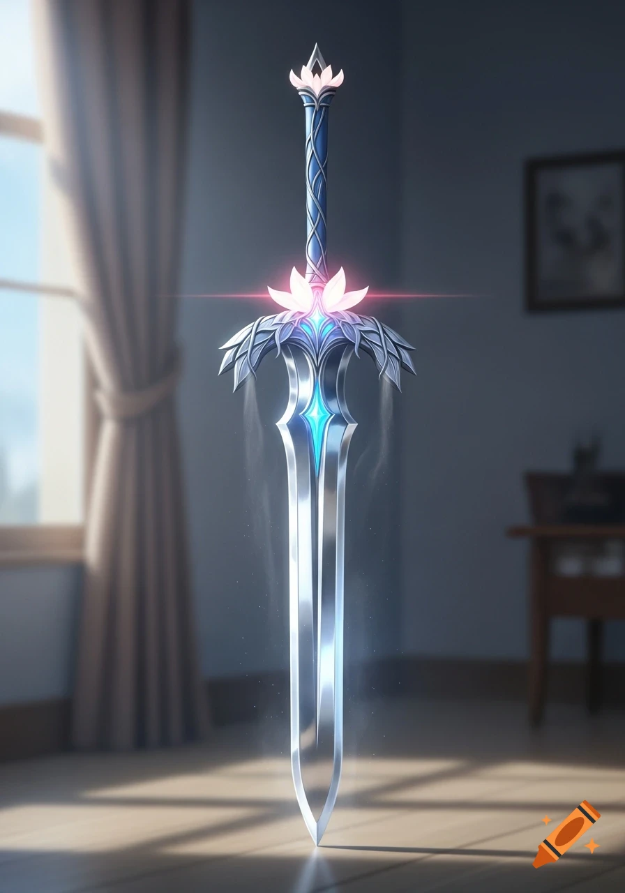 A glowing blue and silver fantasy sword with lotus-like hilt details stands upright on a wooden floor in a softly lit room.