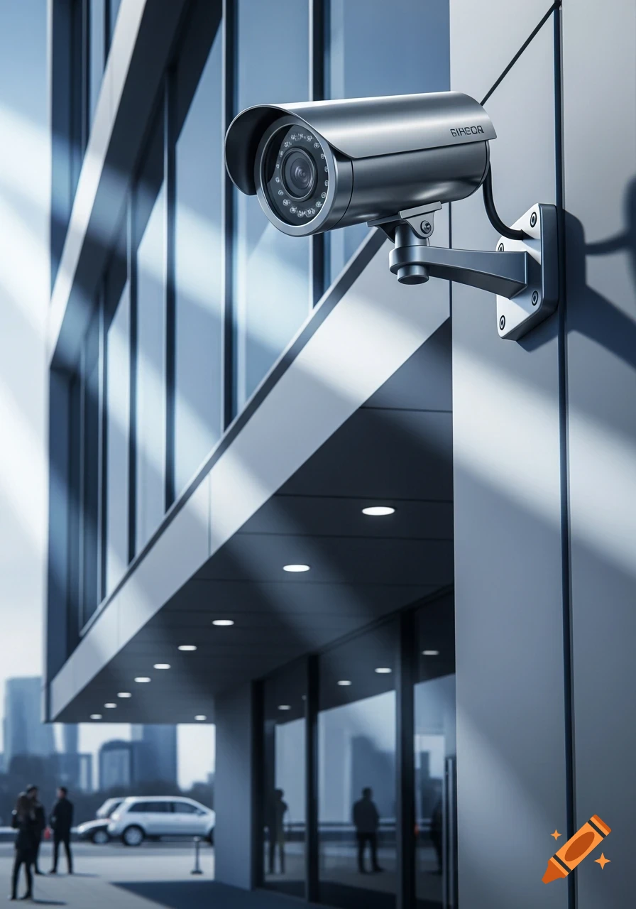 A silver security camera mounted on a modern building with large windows, city skyline in the background.