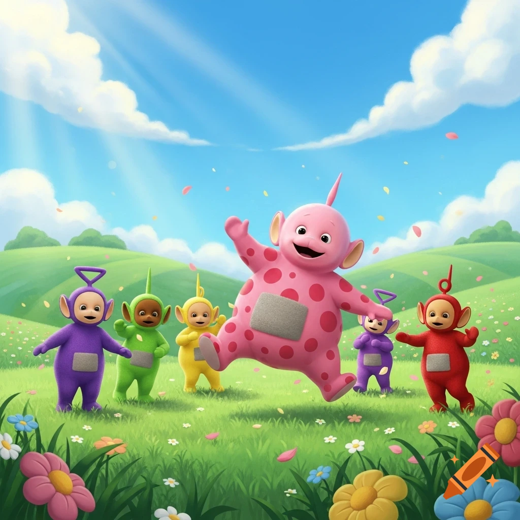A large pink polka-dotted character jumps with five colorful Teletubby-like characters in a sunny green field with flowers and falling petals.