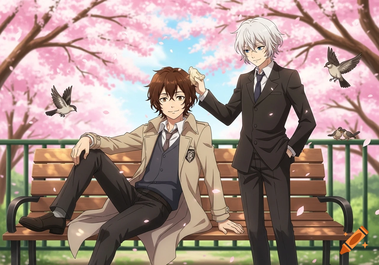 Two anime men, one sitting on a park bench and the other standing, under cherry blossom trees with birds flying.